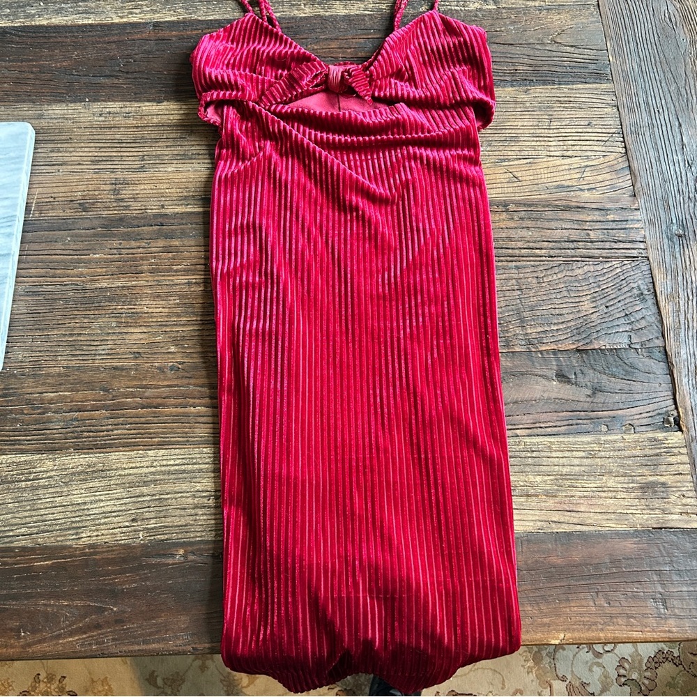 Skylar + Madison | Crushed Velvet Striped Red Midi Dress
